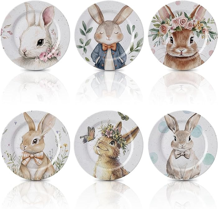 6 Pcs Easter Plates Melamine Bunny Dinnerware Set 8 Inch Reusable Bunny Round Plates Rabbit Dishe... | Amazon (US)