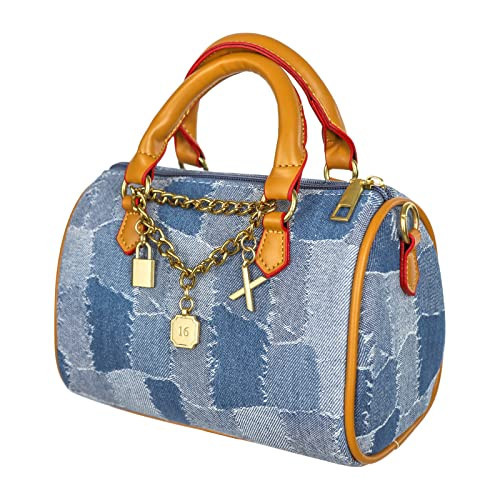 Mini Small Denim Purse Jean Boston Barrel Bags Quilted Checkered Top Handle Canvas Tote Crossbody bags Satchel Handbag for Women,Blue | Amazon (US)
