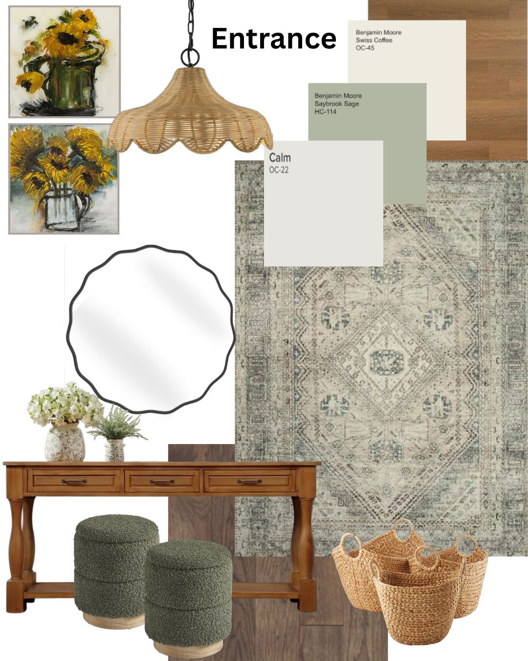 The new neutral is: Sage! Warm with woods and brightening any dark floor. 
This works because it's simply easy to live with and decorate around, like a chameleon the green adjusts to its surroundings. If you've had reservation on whether to try something in green, I highly encourage you.

@benjaminmoore Swiss Coffee, Saybrook Sage, Calm.

#designcoach #designerdetails #texture #greendecor #greenrug #halldecor  #fronthall #entrancedecor #foyer #foyerdecor #cozydecor #modernfarmhouse #shabbychic #countrycottage #sagegreen @wayfaircanada @amazoncanada #darkflooring #wayfairhome #amazonhome #amazondeals #art 
 

 

#LTKcanada #LTKhome #LTKstyletip