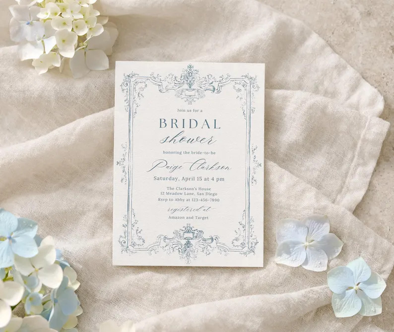 Dusty Blue Bridal Shower Invitation Vintage Something Blue Bridal Shower Invite Elegant Ornate Fr... | Etsy (Global)