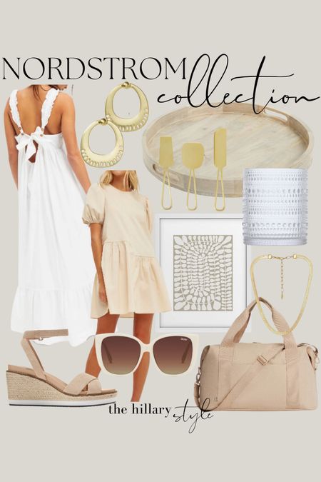 Nordstrom Collection: light & bright neutral finds for summer from Nordstrom in fashion and home decor. White dress, maxi dress, neutral dress, mini dress, framed neutral art, weekender bag, travel bag, wedges, espadrilles, wood serving tray, cheese knife set, cocktail glass, gold hoops, sunglasses, gold necklace. Madewell, Quay, Nordstrom, Ettika, English Factory, Free People, Cole Haan. Summer outfit, summer dress, summer entertaining 

#LTKhome #LTKstyletip #LTKFind