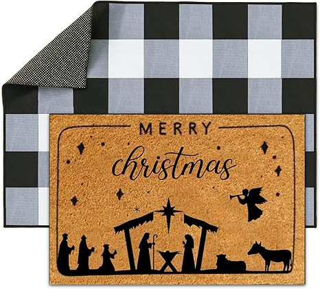 2 Pcs Merry Christmas Doormat, Nativity Scene Door Mat Christmas Non Slip Coir Mats Floor Striped... | Amazon (US)