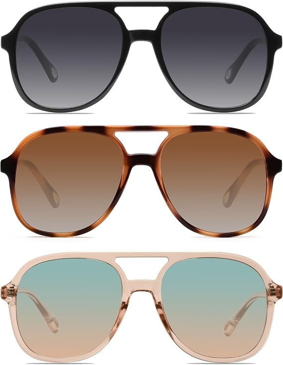 Retro Square Aviator Sunglasses for Womens Mens Vintage 70s Double Bridge Sun Glasses | Amazon (US)