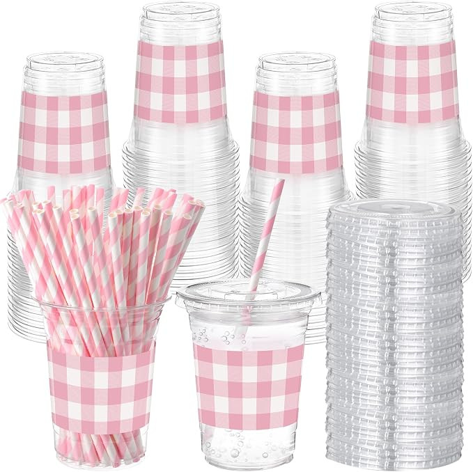 Sliner 50 Sets 16 oz Pink Gingham Party Plastic Cups Pink Checkered Plaid Disposable Drinking Cup... | Amazon (US)