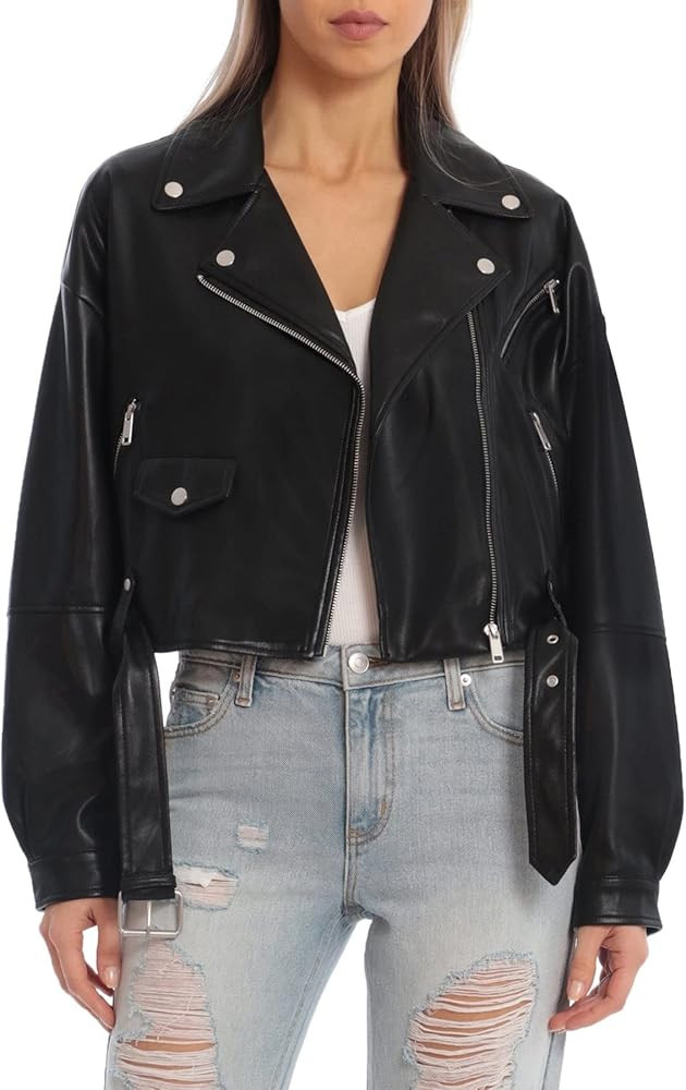 Avec Les Filles Oversized Faux Leather Cropped Biker Jacket | Amazon (US)
