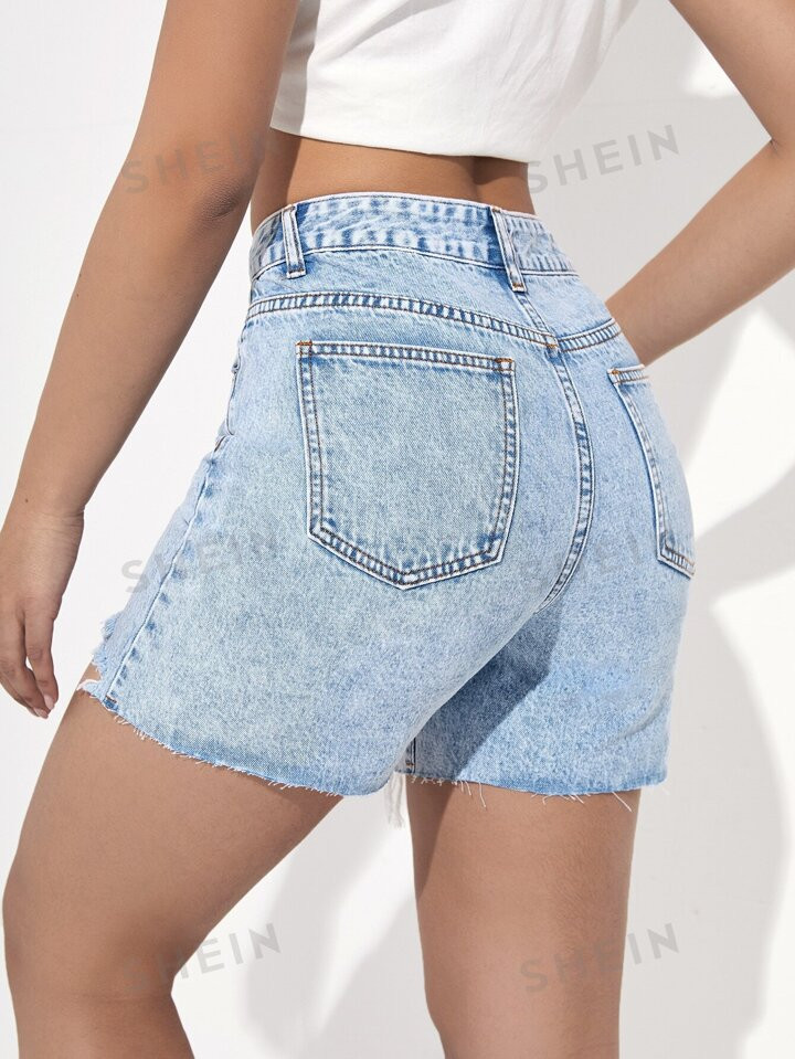 SHEIN EZwear High Waist Raw Hem Denim Shorts | SHEIN