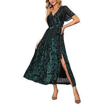 BerryGo Women's Velvet V Neck Wrap Semi Formal Dress Cocktail Party Maxi Dress for Wedding Guest | Amazon (US)