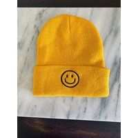 Smiley Face Beanie Unisex Mustard Yellow Winter Hat Snow Knit Smile Skullcap Happy Embroidery | Etsy (US)