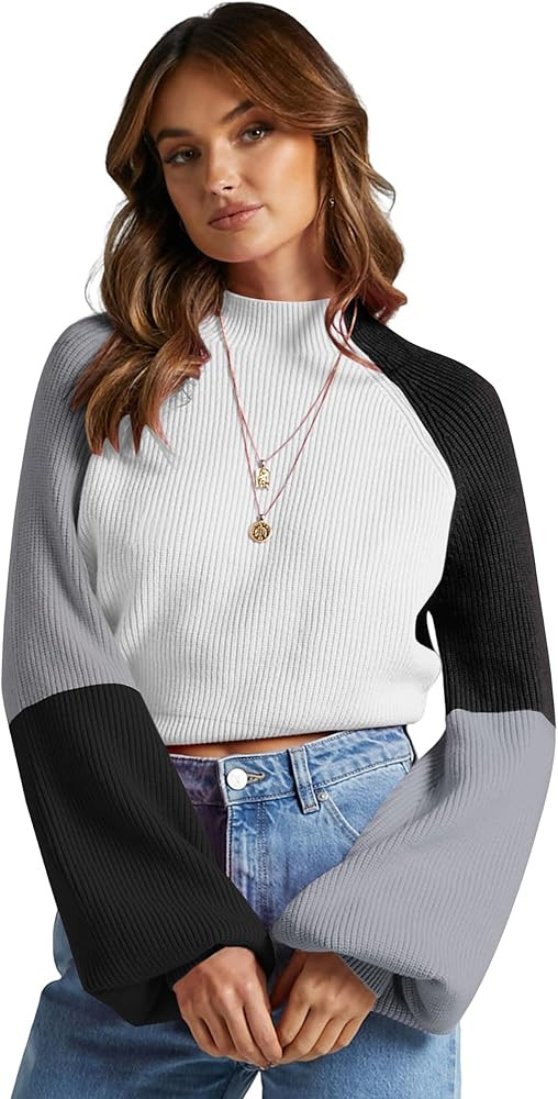 ZAFUL Women's Mock Neck Color Block Sweaters Knitted Pullover Jumper Tops Casual Lantern Sleeve C... | Amazon (US)