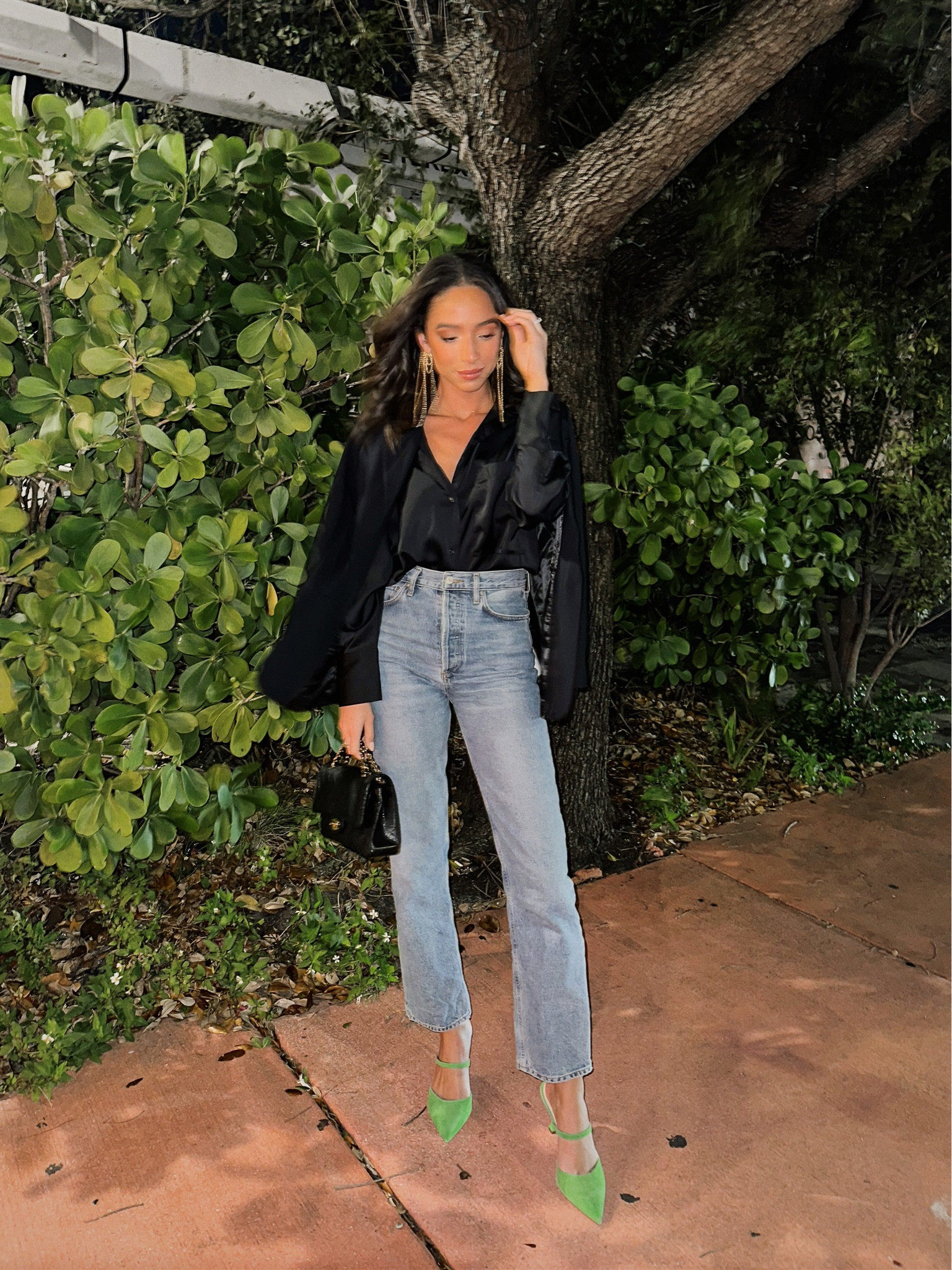 Code AFNENA for 20% OFF at Abercrombie sitewide! Dinner date outfit 🖤 size Small black satin button down, Small black blazer, 25 denim

#LTKstyletip #LTKunder100 #LTKsalealert