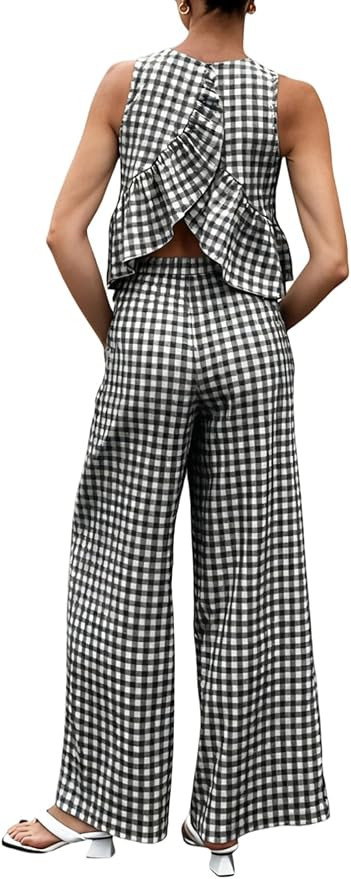SOLY HUX Women's 2 Piece Outfits Plaid Gingham Open Back Ruffle Tops and Pants Summer Vacation Go... | Amazon (US)