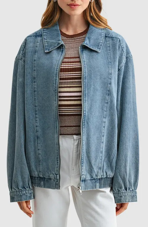 All in Favor Oversized Denim Bomber Jacket in Light Denim at Nordstrom, Size X-Large | Nordstrom