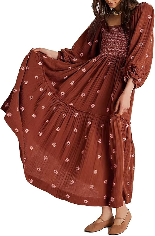 Yeenily Women Bohemian Floral Dress Lantern Sleeve Square Neck Flower Embroidered Maxi Dress Flow... | Amazon (US)