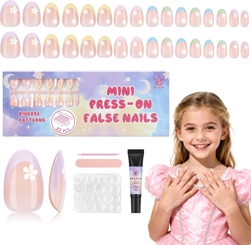16 Sizes Press on Nails Kit for Kids - 32 Pieces French Almond Fake Nail Tips for Girls 8-12 Year... | Amazon (US)