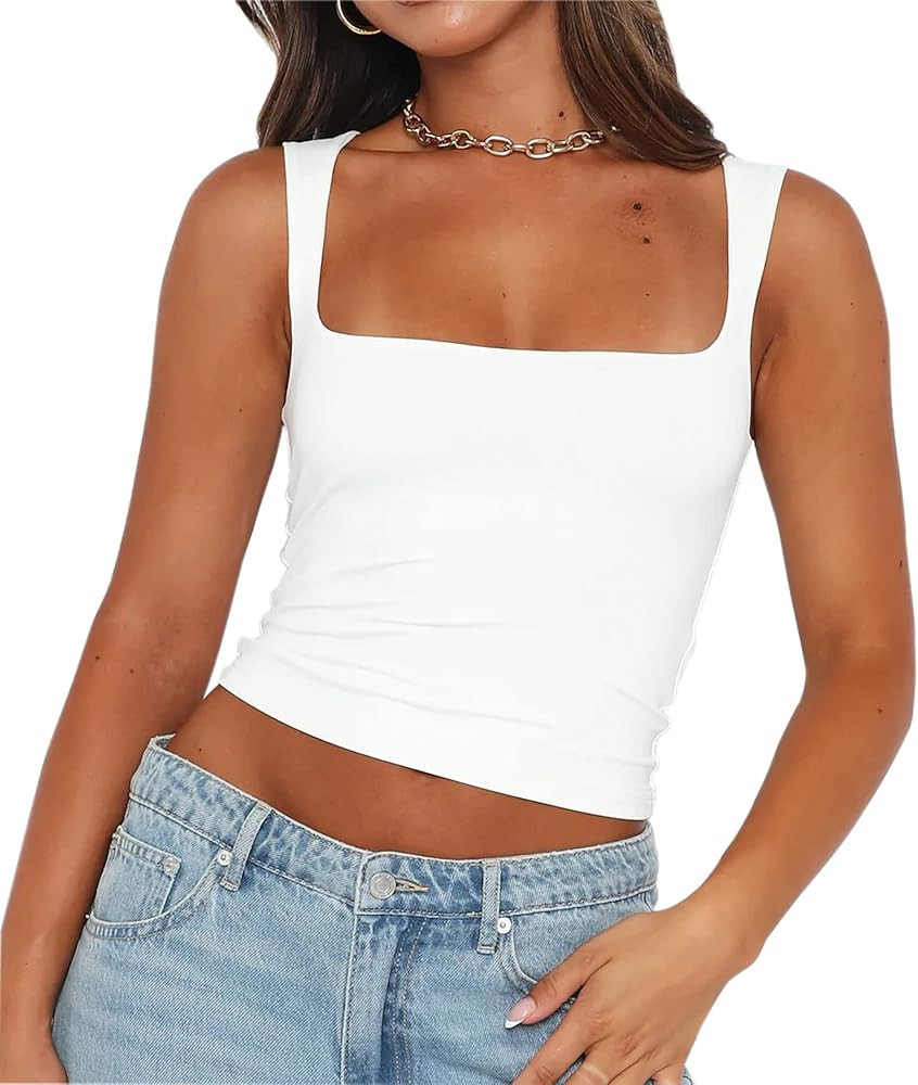 Cioatin Women’s Basic Sleeveless Strappy Scoop Neck Crop Tank Top Y2K Skinny Workout Cropped Cami Sh | Amazon (US)