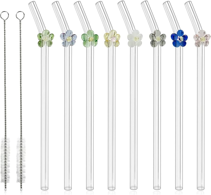 8PCS Reusable Glass Straws, Shatter Resistant Bend Glass Straws Flower Design, Size 0.31 "x7.9" w... | Amazon (US)