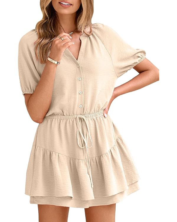 Simplee Womens Cute Summer Rompers - Casual V Neck Short Sleeve Ruffle Boho Romper Dresses Beach ... | Amazon (US)