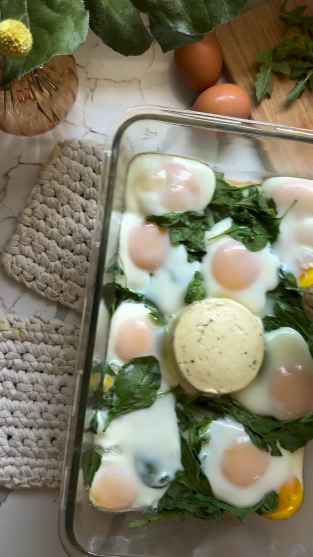 I made the creamiest most delicious eggs ever this morning by combining these ingredients in the oven. Seriously so good, Boursin cheese really goes well with anything.

See recipe below or comment “Recipe” and I’ll send you a link 

1 cup arugula
1 cup spinach 
1 Boursin cheese
10 eggs 🍳 
Sale, pepper, olive oil

1. Add arugula, spinach, cheese and eggs ingredients to a deep oven safe glass dish. 

2. Bake in oven at 375F for about 20-30 minutes depending on how runny you like your eggs. Take the dish out and mix to combine everything. Season with salt and pepper, and drizzle with olive oil.

- If you take them out and mix everything and find that it’s too runny, just pop them back in the oven for a few minutes

https://liketk.it/5hs5B