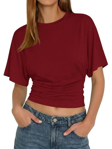 Tankaneo Womens Summer Short Sleeve Crop Tops Cinched Waisted Ruched Top Going Out T Shirts Trendy Casual Basic Tee Wine Red | Amazon (US)