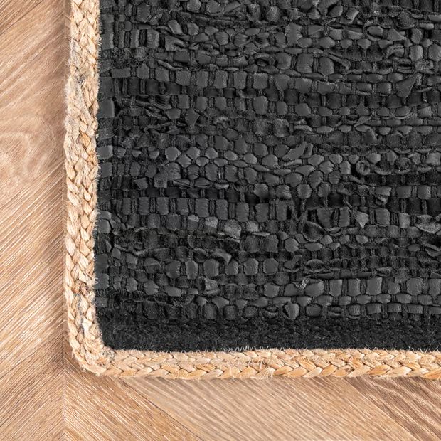 Black Solid Leather Flatweave Area Rug | Rugs USA