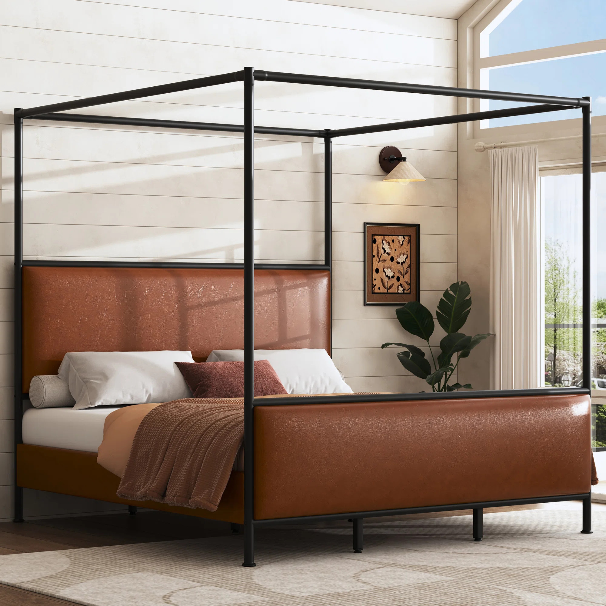 Canopy Bed Frame with Upholstered Headboard and Iron Legs | Wayfair North America