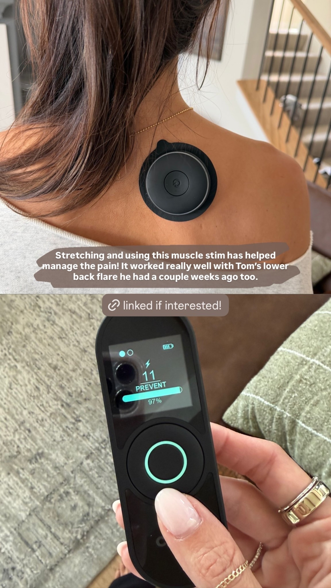 Stretching and using this muscle stim has helped manage the pain! It worked really well with Tom’s lower back flare he had a couple weeks ago too.