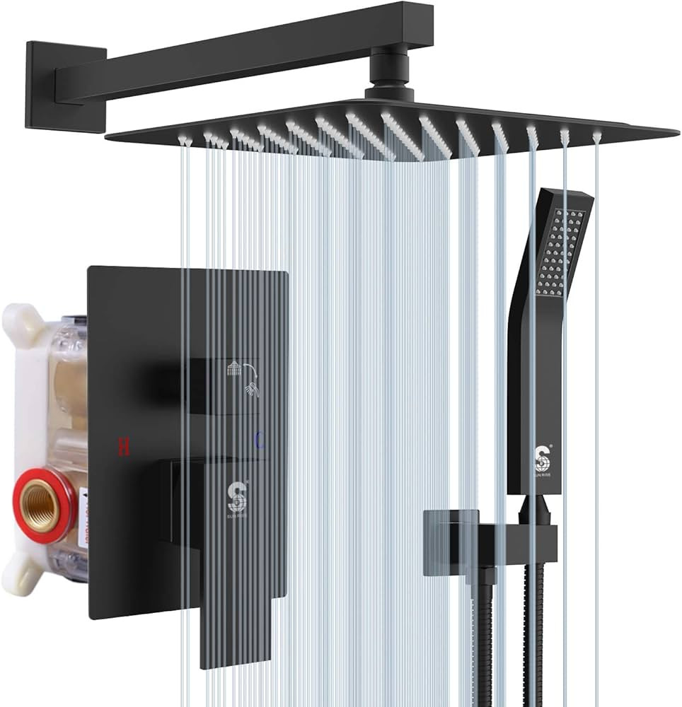 SR SUN RISE 12 Inches Matte Black Shower System 12 Inch Brass Bathroom Luxury Rain Mixer Shower C... | Amazon (US)