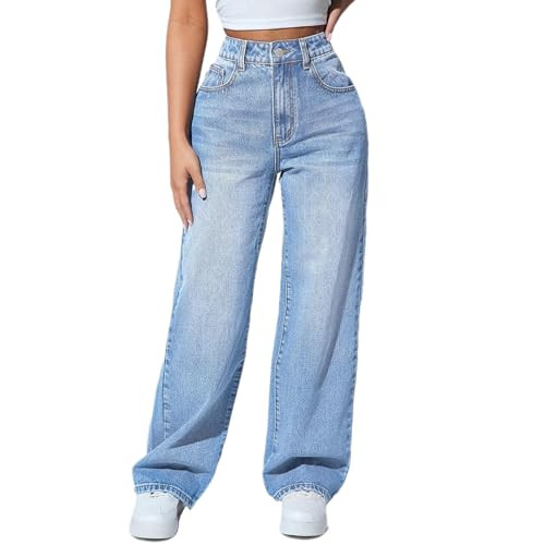 Tunlaud Straight Leg Jeans for Women High Waisted Stretchy Wide Leg Boyfriend Jeans Denim Pants (L, Light Blue) | Amazon (US)
