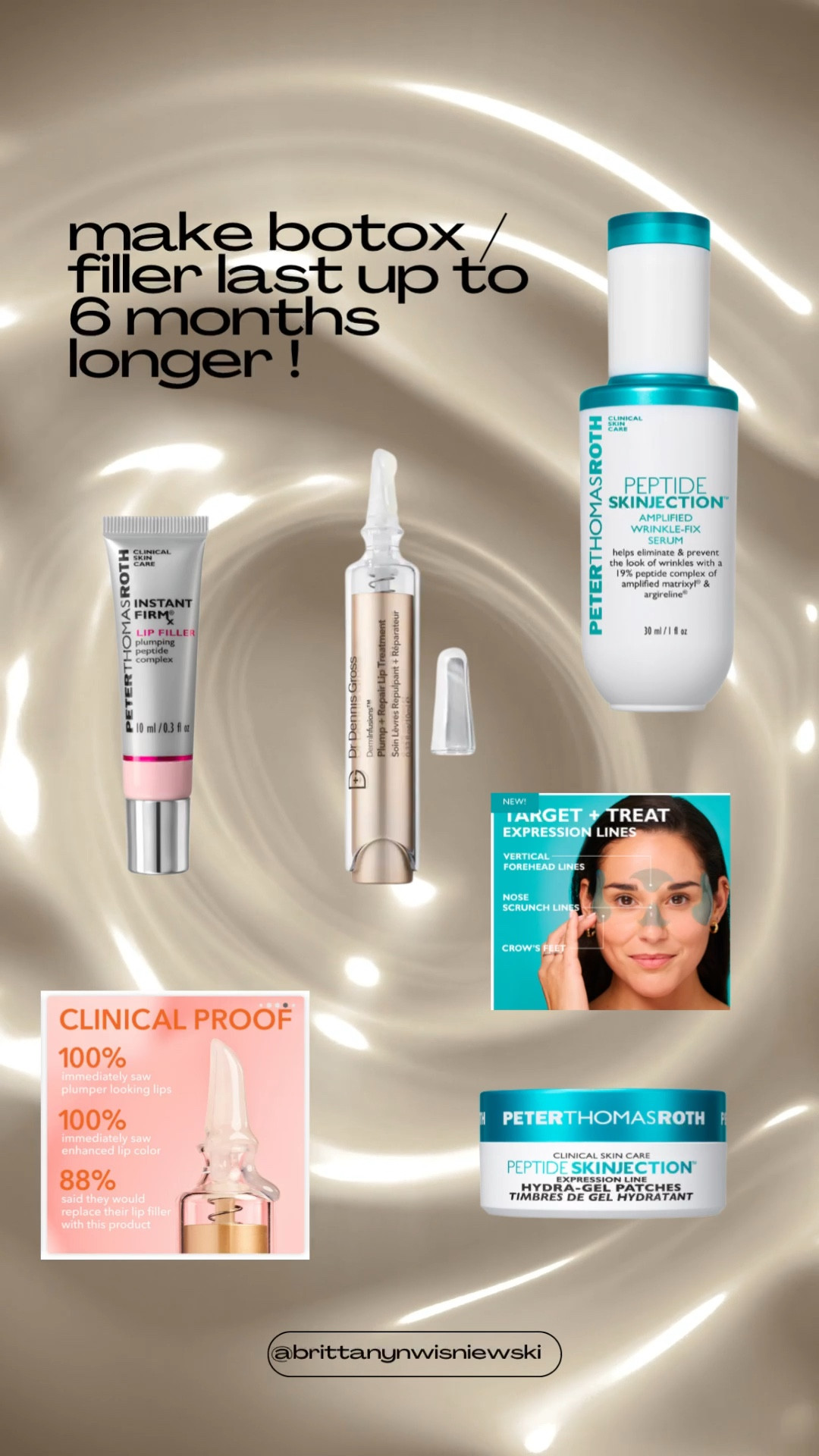 Make your Botox and filler last up to 6 months longer!   I SWEAR by this Peter Thomas Roth Peptide Injection serum.  When i apply it at night and I wake up in the morning. I feel like I have gotten baby Botox all over my face. It makes my face feel super tight.  I like to sleep in the peptide eye masks.  

I also swear by this Dr Denis Gross  Lip Plump and Repair Treatment.  I use it morning and night when i apply my skin care.  It makes my lip
Filler last so long that i no longer go once a year.  

#LTKBeauty #LTKMostLoved #LTKWatchNow
