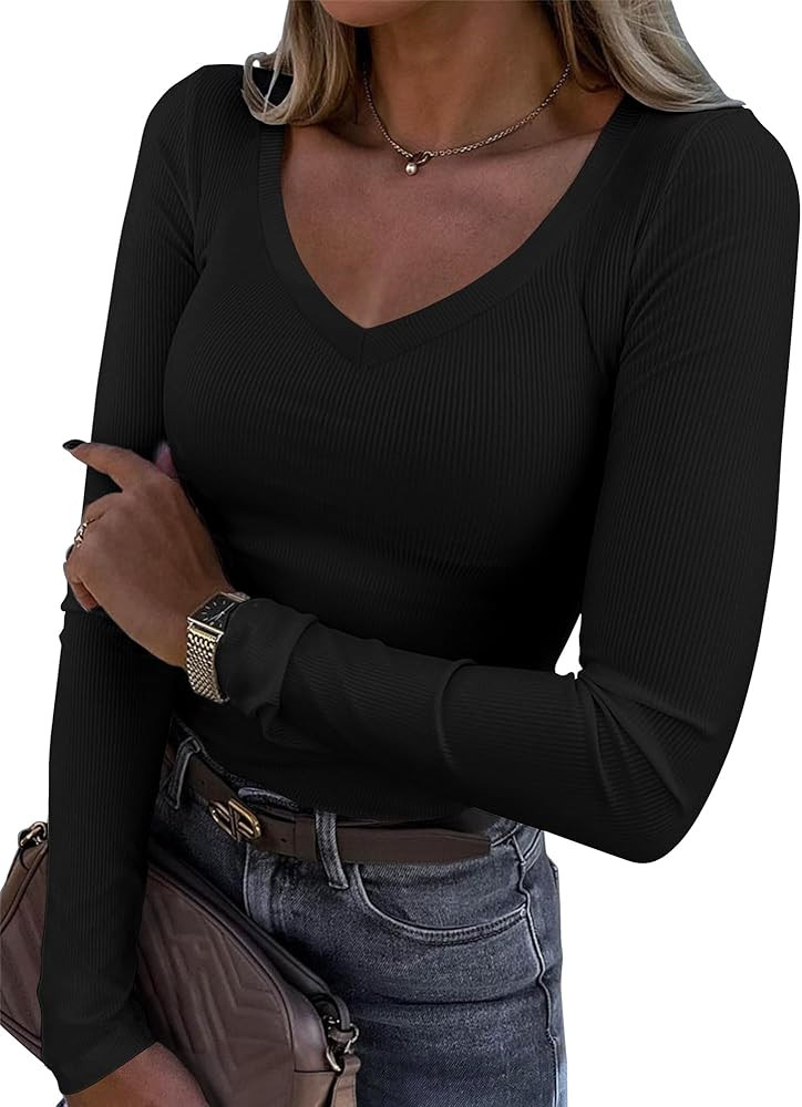 Roselux Womens Long Sleeve V Neck Ribbed Knit Fitted Casual Tops Tee Slim Basic Shirt | Amazon (US)