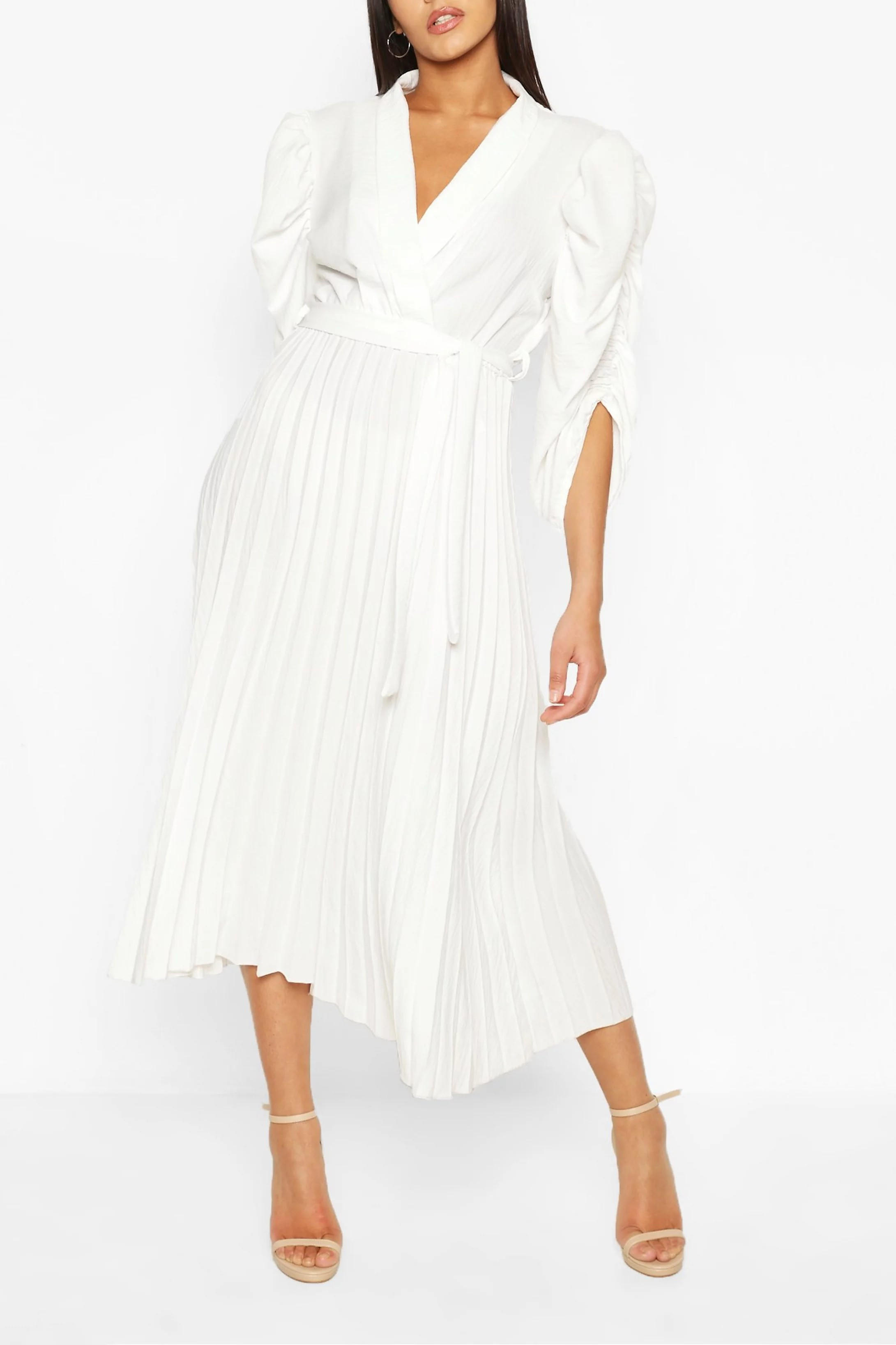 Puff Sleeve Pleated Skirt Midi Dress | Boohoo.com (US & CA)