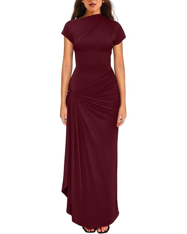 YMDUCH Women's Casual Short Sleeve Boat Neck Ruched High Split Bodycon Long Party Dress | Amazon (US)