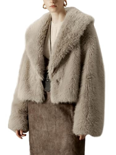 Xukiki Women Faux Fur Jacket Fluffy Fleece Coat Short Cropped Long Sleeve Lapel Button Down Fuzzy Winter Outerwear PS-027 Beige M | Amazon (US)