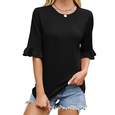 Women's Crew Neck Ruffle Sleeve Top, Half - Sleeve Pleated T - Shirt, Casual Flowy Tee Black S | Target