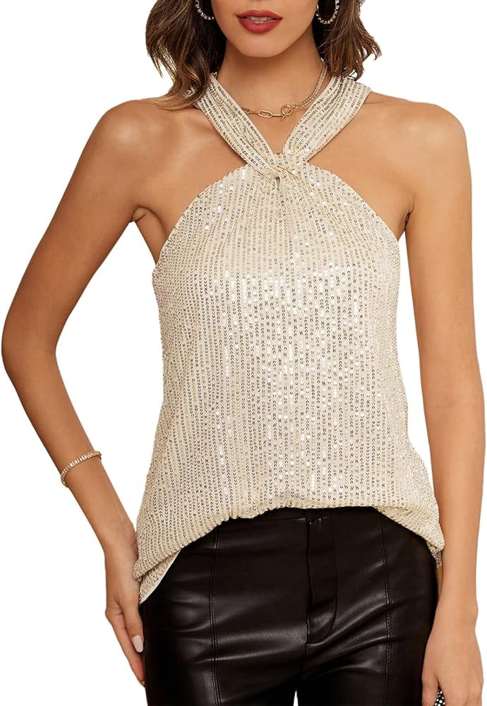 GRACE KARIN Women's Sequin Sparkle Tank Tops Halter Neck Keyhole Knot Slim Fit Cocktail Tops | Amazon (US)