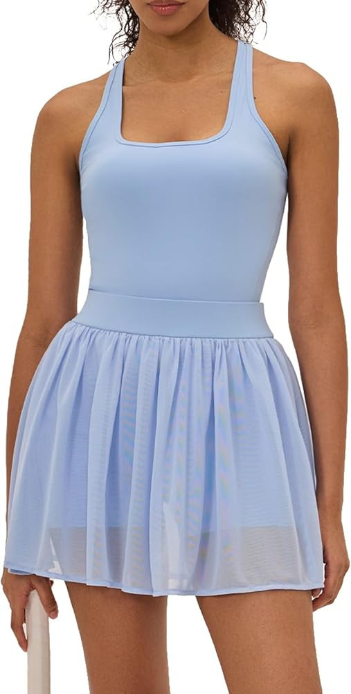 Womens Tennis Dress with Built in Shorts Mesh Pleated Ruched Ruffle Hem Racerback Workout Golf Yo... | Amazon (US)