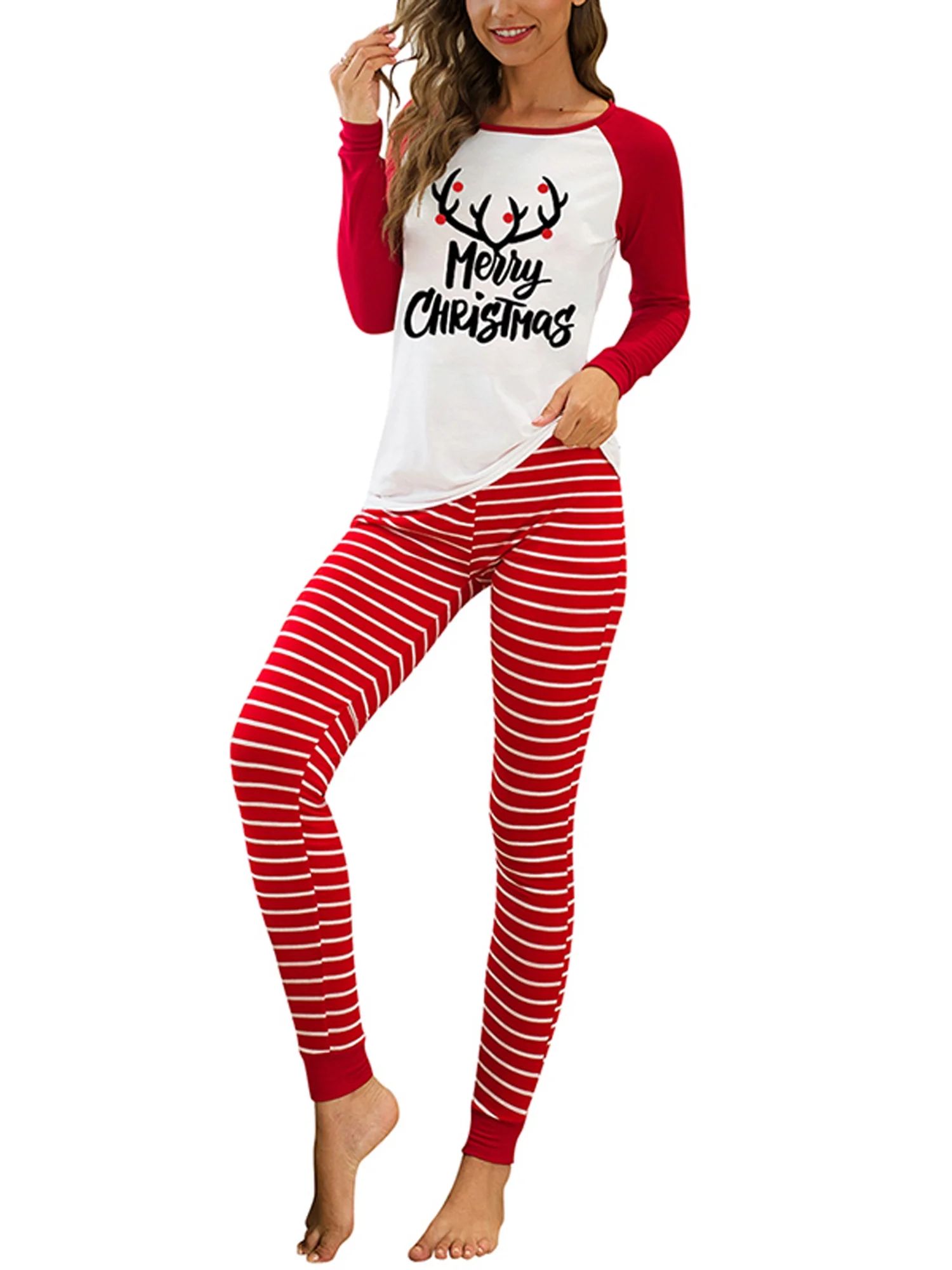 Womens Christmas Pajamas Set Xmas Long Sleeve Top + Striped Pants Nightwear 2Pcs - Walmart.com | Walmart (US)