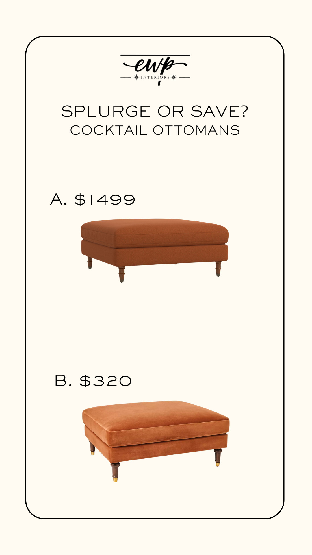 A splurge and a save option for a velvet cocktail ottoman.  

 #LTKHome