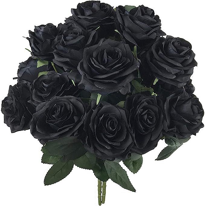 kukumoka Artificial Silk Flower Open Roses Bush Rose Flower 2 Bundles with 20 Heads (Black) | Amazon (US)