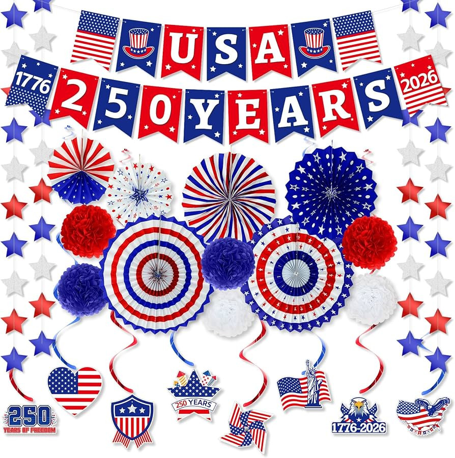 Aneco 250th Anniversary Decorations Set 4th of July Patriotic Decor USA Flag Banner, Hanging Swir... | Amazon (US)