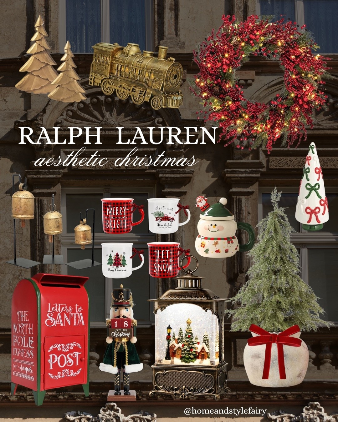 The Ralph Lauren Christmas aesthetic is about timeless holiday charm with rich reds, lush evergreens, and golden accents.

Christmas wreath, Christmas mugs, Train Diffusers for Essential Oil, Christmas Snow Globe Lantern with Music Timer Swirling Glitter, small Christmas tree, vase, bow, vintage bells, Christmas Countdown Wooden Nutcracker, Letters to Santa Mailbox

#TimelessHoliday #TraditionalChristmas
#ClassicChristmas #holidayhome #christmasfinds #HolidayGlow #LuxuryForLess #SeasonalStyling

#LTKhome #LTKcanada #LTKholiday