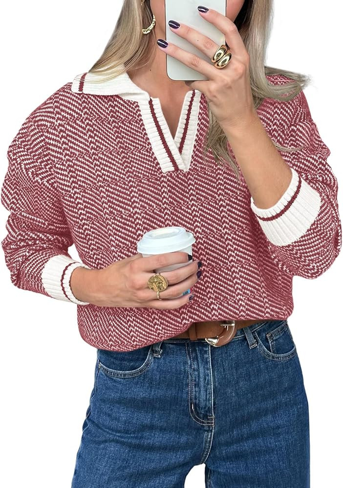 Saodimallsu Womens Fall Sweaters Tops Lapel V Neck Knit Sweater Color Block Long Sleeve Casual So... | Amazon (US)