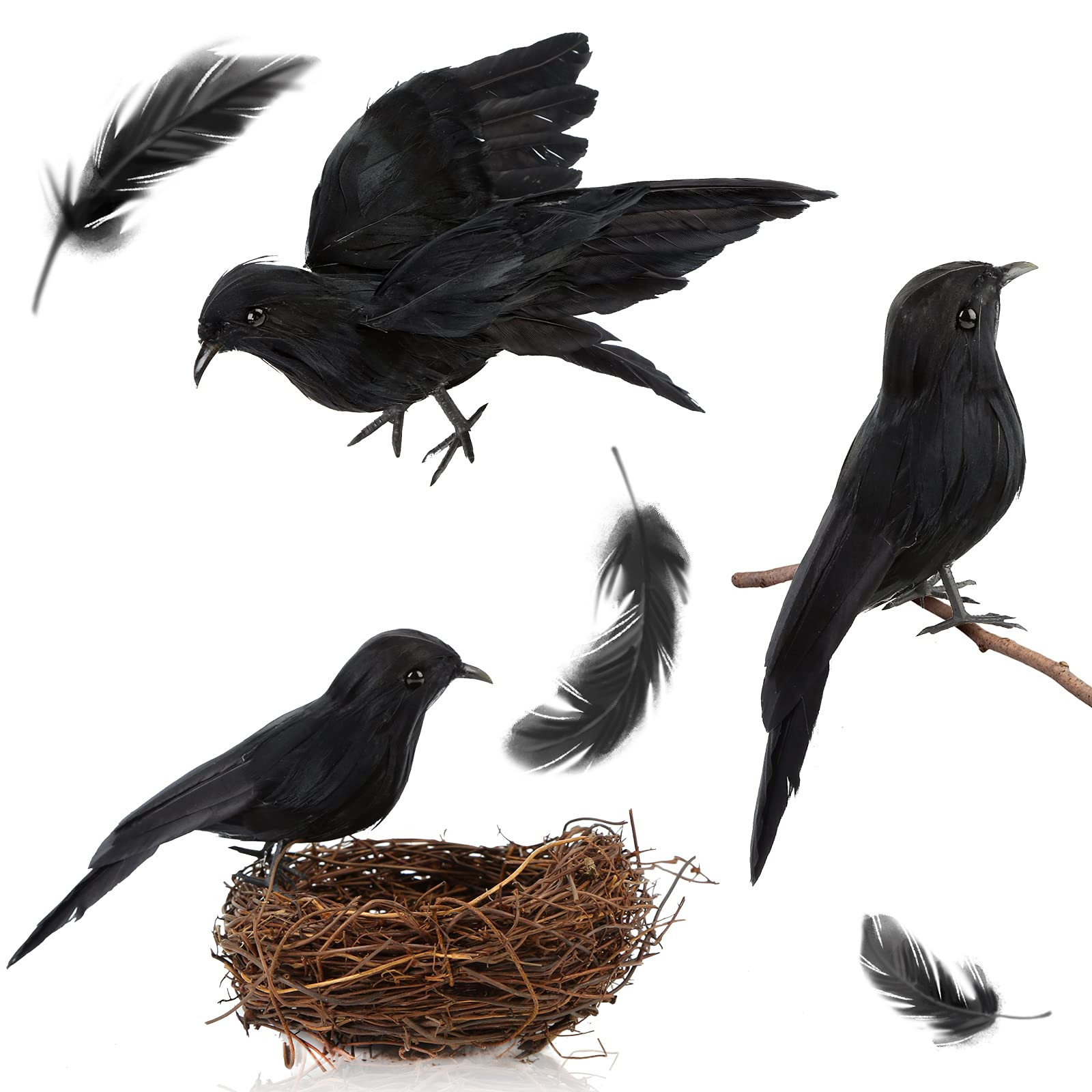 FUTUREPLUSX 3 PCS Halloween Black Crows, Fake Crow with Bird's Nest Handmade Lifelike Raven Feathere | Amazon (US)