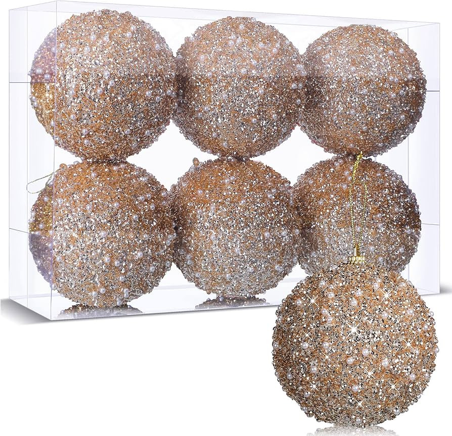BBTO 6 Pcs 4 Inch Christmas Ball Ornaments for Tree Glitter Sequin Foam Hanging Ornaments Champag... | Amazon (US)