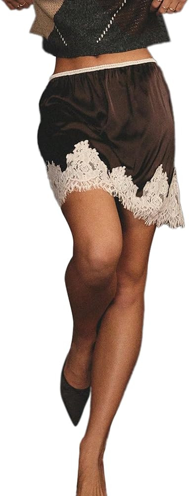 Verdusa Women's Lace Satin Skirt Colorblock Y2k Vintage Mini Skirts Brunch Outfits | Amazon (US)