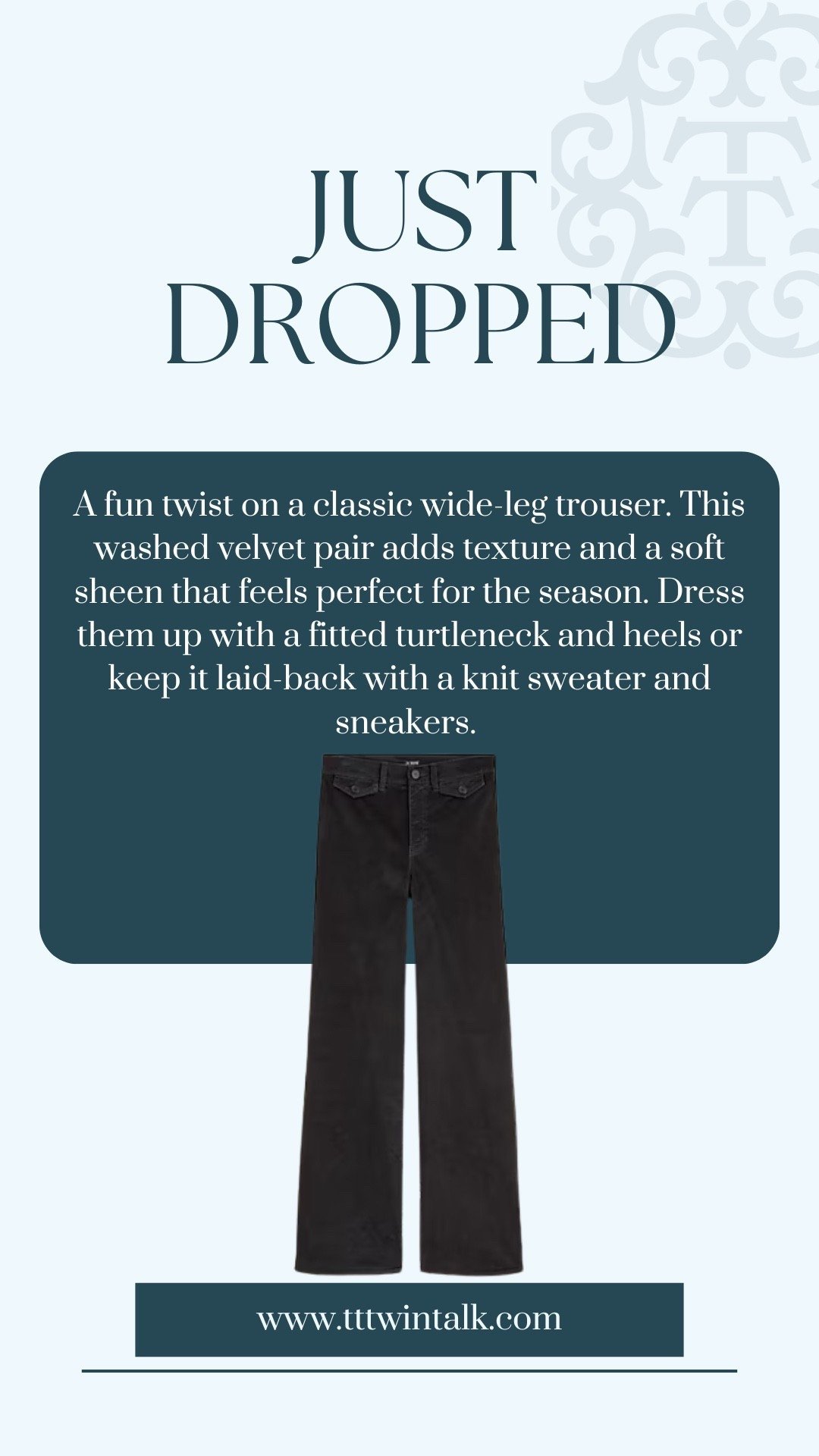 A fun twist on a classic wide-leg trouser. This washed velvet pair adds texture and a soft sheen that feels perfect for the season. Dress them up with a fitted turtleneck and heels or keep it laid-back with a knit sweater and sneakers.

#LTKOver40 #LTKMidsize #LTKSeasonal