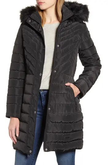 Faux Fur Trimmed Removable Hooded Satin Quilted Puffer Jacket | Nordstrom Rack