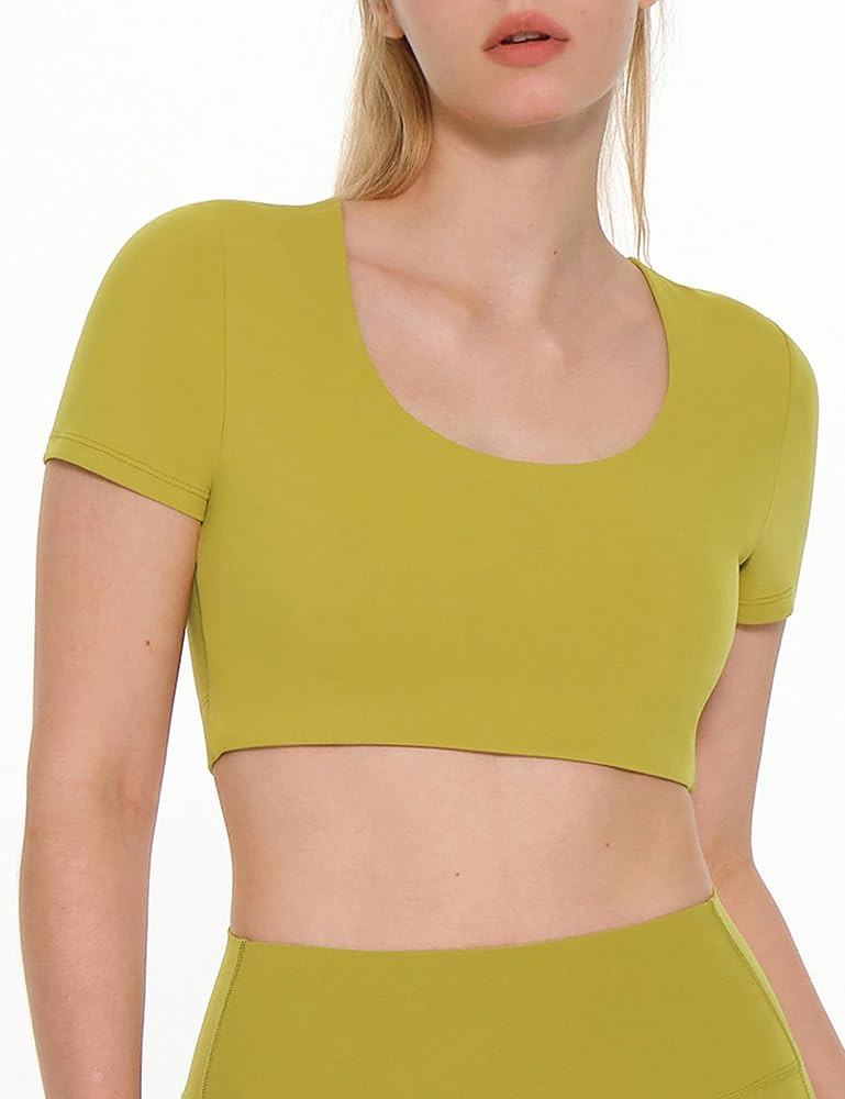 Womens Yoga Workout Crop Tops Slim Fit Tees Short Sleeve Built in Bra Mild Support Cream Feeling ... | Amazon (US)