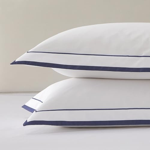 White Pillow Shams Queen Size Set of 2, 100% Cotton Queen Pillow Shams with Navy Embroidered Doub... | Amazon (US)