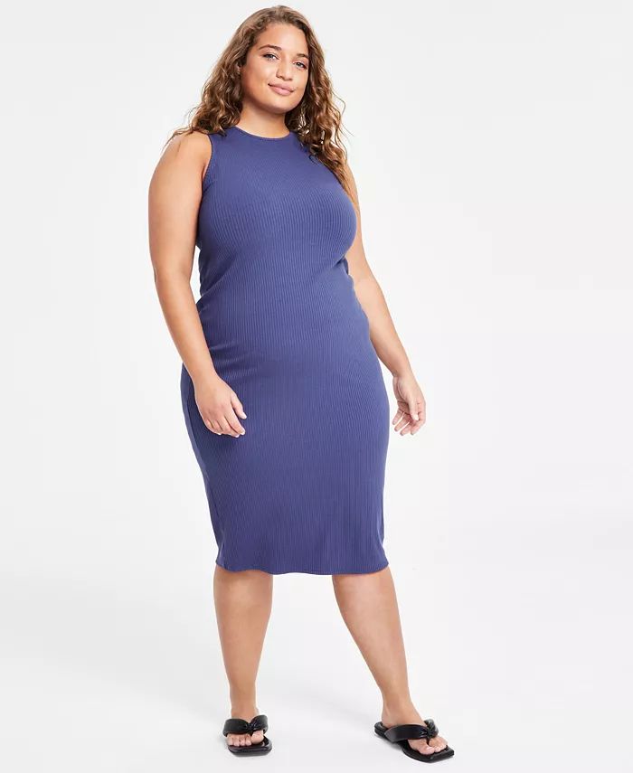 Plus Size Sleeveless Ribbed Knit Midi Dress, Created for Macy's | Macy's